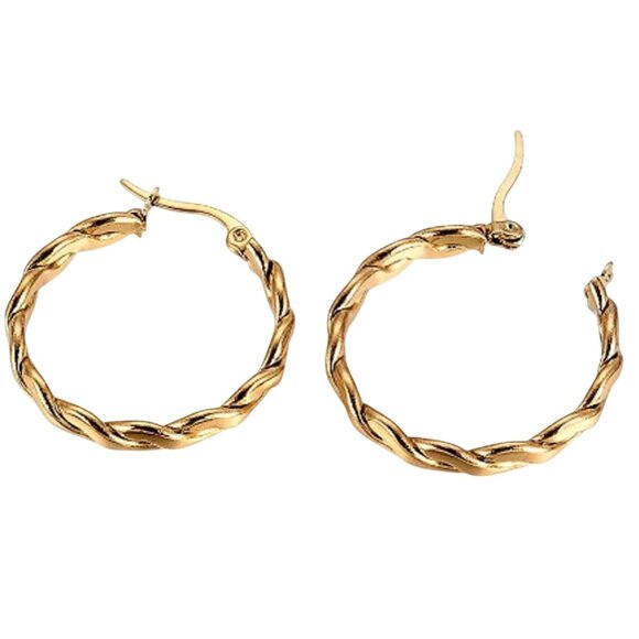 1 1/8 Inch 31mm Braided Hoop Pierced Post Earrings Gold Tone 3mm Wide Band - Picture 4 of 6